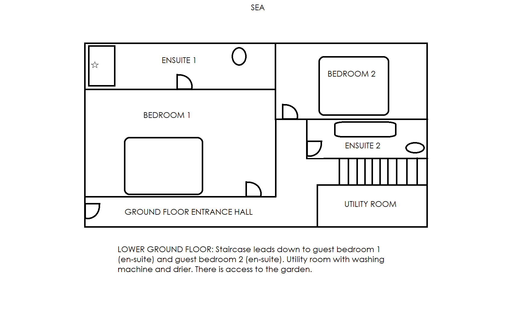 Lower ground floor. 2 bedrooms, 2 bathrooms. Not to scale.